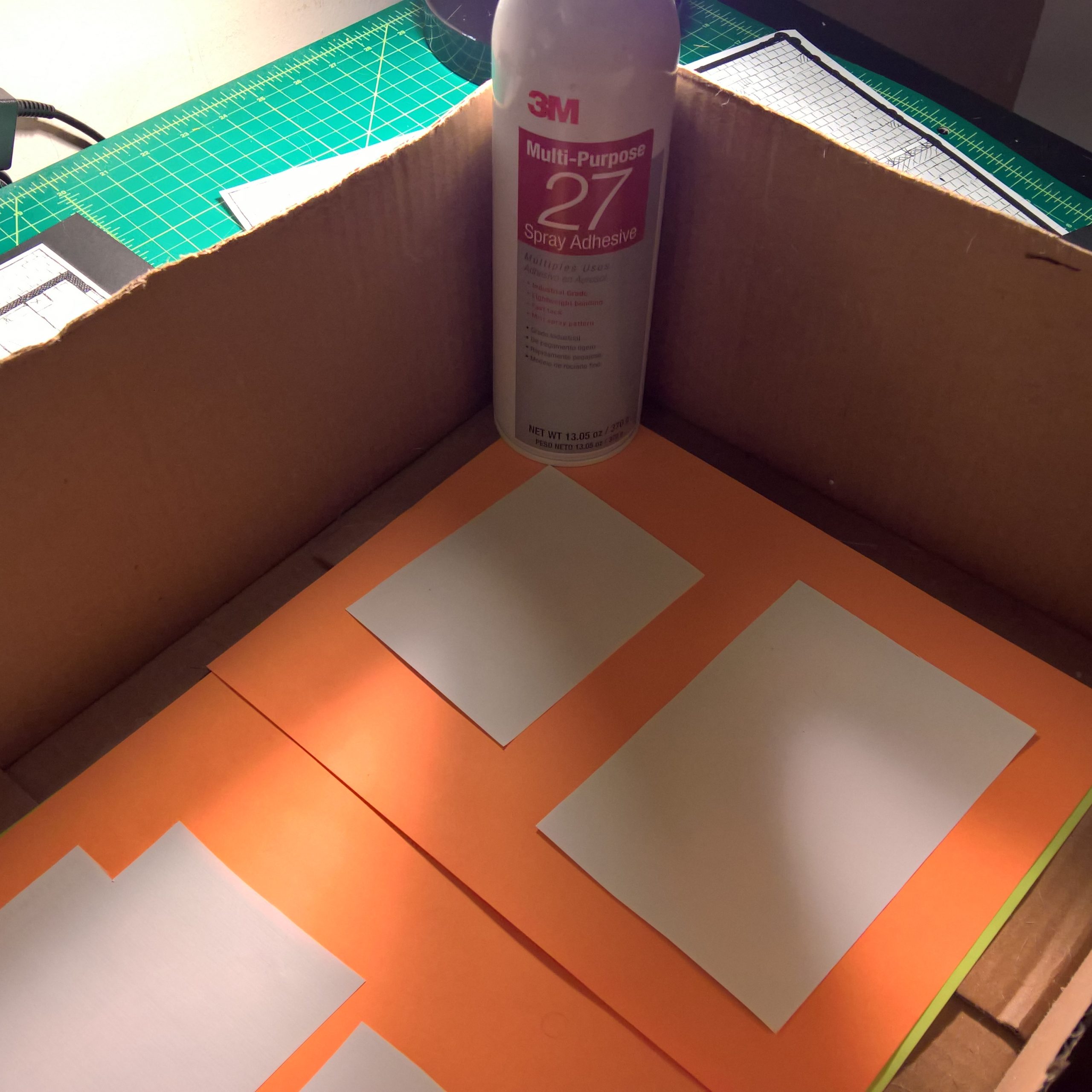 The cardboard box helps contain the spray. The photo was taken on my desk, but I highly recommend spraying somewhere else with goo ventilation to avoid mess.