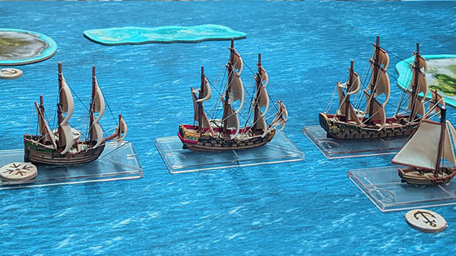 Fully rigged ships during a game of Oak & Iron.