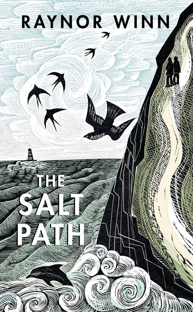 Book cover of The Salt Path by Raynor Winn. A drawing of birds flying alongside a cliff, with a lighthouse in the ditance.